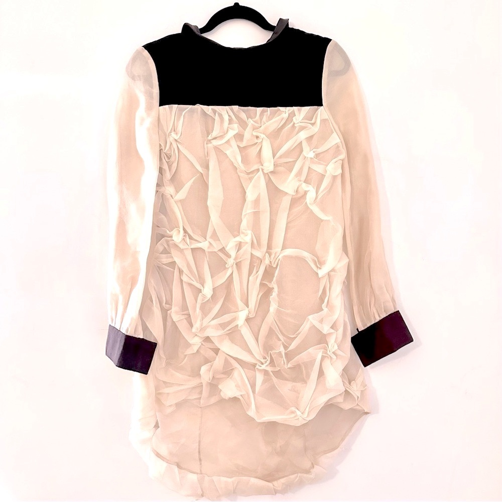 Vivienne Hu Designer Ruched Sheer Mesh High-Low Dress – Cream & Black, NWT